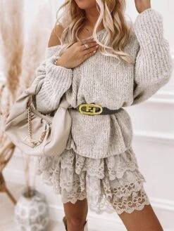 Women‘s Sweater Dress Winter Dress Knit Dress Mini Dress Beige Long Sleeve Floral With Belt Fall Winter Autumn V Neck Stylish Winter Dress Fall Dress 2023 S M L XL XXL 3XL -Tesla Style otnvgr1669778490117