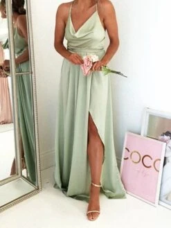 Women's Prom Dress Party Dress Satin Dress Long Dress Maxi Dress Light Green Wine Sleeveless Pure Color Split Summer Spring Fall Spaghetti Strap Fashion Party Birthday Evening Party 2023 S M L XL -Tesla Style otxrwu1642676383995