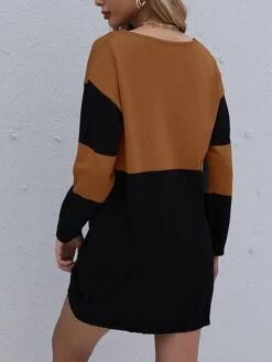 Women's Sweater Dress Jumper Dress Casual Dress Mini Dress Warm Color Block Outdoor Casual Daily Going Out Crew Neck Long Sleeve Patchwork 2023 Loose Fit Brown Khaki S M L -Tesla Style oudhfk1695106685113