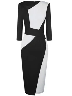 Women's Work Dress Sheath Dress Semi Formal Dress Fashion Midi Dress Patchwork V Neck 3/4 Length Sleeve Color Block Regular Fit Black Red Navy Blue Fall Winter S M L XL XXL -Tesla Style ouesvp1692610644551