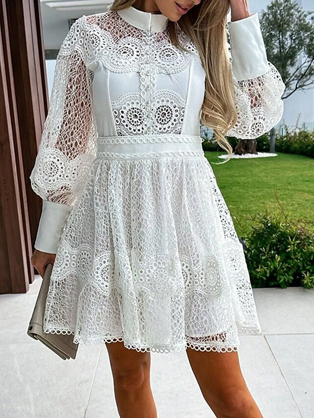 Women's Party Dress Lace Dress Homecoming Dress Mini Dress Black White Long Sleeve Pure Color Lace Summer Spring Fall Stand Collar Fashion Wedding Guest Birthday Vacation Slim 2023 S M L XL 8 Women's Party Dress Lace Dress Homecoming Dress Mini Dress Black White Long Sleeve Pure Color Lace Summer Spring Fall Stand Collar Fashion Wedding Guest Birthday Vacation Slim 2023 S M L XL - Image 6