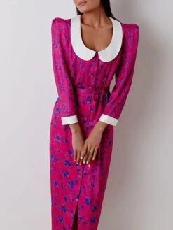 Women's Work Dress Casual Dress Shift Dress Fashion Winter Dress Daily Midi Dress Lace Up Patchwork Shirt Collar Long Sleeve Floral Color Block Regular Fit Pink Red Fall Winter S M L -Tesla Style oujycv1695645258560