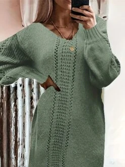 Women's Sweater Dress Jumper Dress Casual Dress Midi Dress Warm Pure Color Outdoor Casual Daily Going Out V Neck Long Sleeve 2023 Loose Fit Green S M L -Tesla Style ouqini1695643798671
