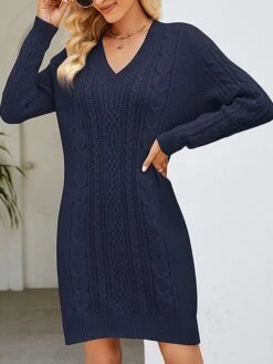 Women's Sweater Dress Winter Dress Jumper Dress Mini Dress Ruched Outdoor Street Daily Fashion Streetwear V Neck Long Sleeve 2023 Loose Fit Dark Green Purple Dark Blue Color S M L XL XXL Size -Tesla Style ouxbwl1692081737531
