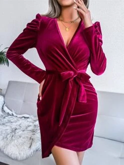 Women‘s Christmas Party Dress Velvet Dress Cocktail Dress Mini Dress Black Wine Gold Long Sleeve Pure Color Lace Up Fall Winter Autumn V Neck Fashion Winter Dress Wedding Guest Birthday 2023 -Tesla Style ouzjvb1694759663211