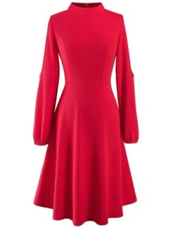 Women's Work Dress Semi Formal Dress A Line Dress Fashion Midi Dress Hollow Out Crew Neck Long Sleeve Plain Regular Fit Black Red Fall Winter S M L XL XXL -Tesla Style ovcfkn1692603043339