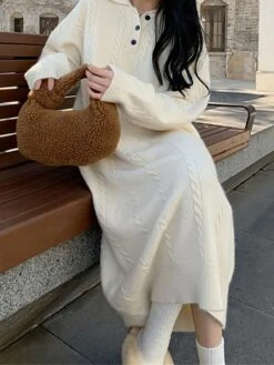 Women's Sweater Dress Jumper Dress Casual Dress Midi Dress Fashion Pure Color Outdoor Daily Vacation Going Out Lapel Long Sleeve Patchwork Button 2023 Regular Fit White Camel One Size -Tesla Style ovlucx1695280917267