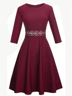Women's Party Dress Cocktail Dress Wedding Guest Dress Midi Dress Wine Long Sleeve Pure Color Lace Spring Fall Winter Crew Neck Fashion Winter Dress Christmas Wedding Guest S M L XL XXL 3XL -Tesla Style ovmudz1697183116314