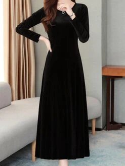 Women's Green Velvet Dress Maxi Long Dress Black Wine Blue Long Sleeve Solid Color Ruched Fall Winter Crew Neck Party Stylish Elegant Party -Tesla Style ovtikp1637316074341