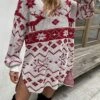 Women‘s Christmas Sweater Dress Jumper Dress Winter Dress Warm Geometric Tree Print Outdoor Christmas Casual Daily V Neck Long Sleeve 2023 Loose Fit White Wine Rusty Red S M L XL -Tesla Style ovvqwi1694165715906