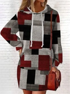 Women's Casual Dress Hoodie Dress Mini Dress Warm Fashion Outdoor Vacation Going Out V Neck Pocket Print Floral Geometric Loose Fit Pink Burgundy Blue S M L XL XXL -Tesla Style ovybqy1694166440525