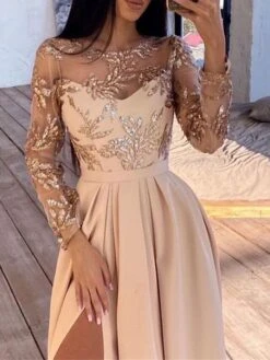 Women‘s Party Dress Wedding Guest Dress Sequin Dress Holiday Dress Long Dress Maxi Dress Apricot Long Sleeve Pure Color Sequins Winter Fall Spring Crew Neck Classic Winter Dress 2023 S M L XL -Tesla Style owarks1660111481702