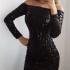 Women‘s Party Dress Sequin Dress Homecoming Dress Mini Dress Black White Long Sleeve Pure Color Sparkly Glitter Sequins Spring Fall Winter Off Shoulder Fashion Winter Dress Wedding Guest -Tesla Style owcuro1692859717409