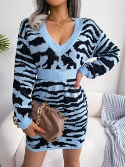 Women's Sweater Dress Jumper Dress Casual Dress Mini Dress Fashion Stripe Outdoor Daily Going Out V Neck Long Sleeve 2023 Loose Fit Blue Khaki Gray S M L -Tesla Style owmvsq1695030482774