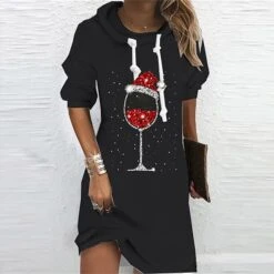 Women's Christmas Hoodie Dress Shift Dress Mini Dress Black And White Green Black Blue Pink Wine Red Gray White Long Sleeve Snowman Snowflake Print Winter Fall Hooded Vacation Casual 2022 S M L XL -Tesla Style owpyyo1667282199092