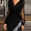 Women‘s Semi Formal Party Dress Homecoming Dress Sheath Dress Mini Dress Claret Black Long Sleeve Plain Mesh Winter Spring Autumn V Neck Fashion Fall Dress Slim 2023 S M L XL 2XL 3XL 4XL 5XL -Tesla Style owqyay1669627885765