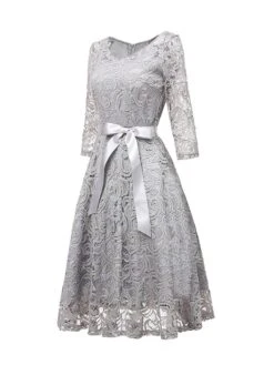 Women‘s Vintage Tea Dresses Party Dress Lace Dress Homecoming Dress Knee Length Dress Pink Wine Navy Blue 3/4 Length Sleeve Pure Color Lace Summer Spring Fall V Neck Classic Winter Dress -Tesla Style owsiuy1600920045123