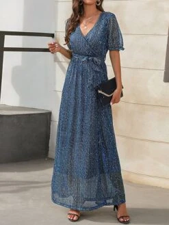 Women's Long Dress Maxi Dress Party Dress Formal Dress Summer Dress Pure Color Streetwear Modern Party Outdoor Holiday Lace Up Split Short Sleeve V Neck Dress Loose Fit Black Red Blue Summer Spring S -Tesla Style owuvzy1678860565012