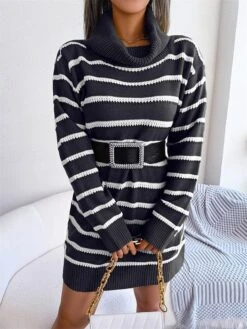Women's Sweater Dress Jumper Dress Casual Dress Mini Dress Fashion Stripe Outdoor Daily Going Out Turtleneck Long Sleeve 2023 Loose Fit Black Khaki S M L -Tesla Style owyqtj1694756413473