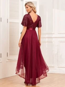 Women‘s Christmas Party Dress Sequin Dress Red Dress Long Dress Maxi Dress Wine Short Sleeve Pure Color Mesh Sparkly Glitter Summer Spring Fall V Neck Fashion Wedding Guest Summer Dress Loose -Tesla Style oxldut1693983261777