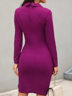 Women's Work Dress Sheath Dress Semi Formal Dress Fashion Office Daily Workfashion Midi Dress Button Lapel Long Sleeve Plain Regular Fit Black Wine Fuchsia Fall Winter S M L XL XXL -Tesla Style oxqpeb1695645163930