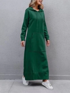 Women's Casual Dress Hoodie Dress Long Dress Maxi Dress Daily Basic Outdoor Vacation Going Out V Neck Pocket Solid Color Regular Fit Black Burgundy Blue S M L XL XXL -Tesla Style oxwfcc1695636047420