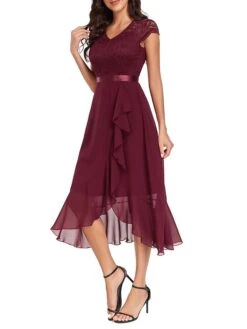 Women's Party Dress Lace Dress Cocktail Dress Midi Dress Black Wine Navy Blue Short Sleeve Pure Color Lace Spring Fall Winter V Neck Fashion Winter Dress Wedding Guest Vacation 2023 S M L XL XXL -Tesla Style oxzpxi1692179100227