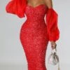 Women's Cocktail Party Dress Sequin Dress Bodycon Midi Dress Black Pink Red Long Sleeve Pure Color Sequins Winter Fall Spring Strapless Hot Date 2023 S M L XL 2XL -Tesla Style oycrxy1671445737810