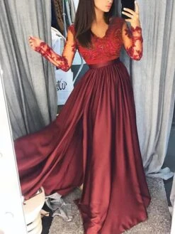 Women's Prom Dress Party Dress Lace Dress Long Dress Maxi Dress Wine Red Black Long Sleeve Pure Color Lace Spring Fall Winter V Neck Party Party Winter Dress Evening Party 2023 S M L XL -Tesla Style oyjeem1665486752279
