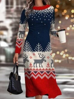 Women's Christmas Work Dress Casual Dress Semi Formal Dress Fashion Winter Dress Daily Midi Dress Print Crew Neck Long Sleeve Plaid Cat Slim Wine Red Navy Blue Fall Winter S M L XL XXL