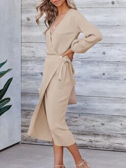 Women's Sweater Dress Jumper Dress Casual Dress Midi Dress Warm Pure Color Outdoor Casual Daily Going Out V Neck Long Sleeve Lace Up 2023 Slim Black White Green S M L XL XXL 3XL -Tesla Style oymwlm1695030476582