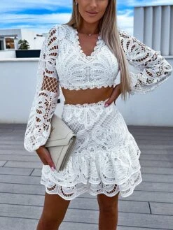 Women's Party Dress Lace Dress Cocktail Dress Mini Dress Black White Long Sleeve Pure Color Lace Fall Winter Autumn V Neck Fashion Vacation 2023 S M L XL XXL -Tesla Style oyplbn1694166361108