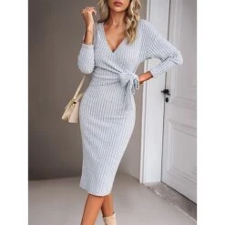 Women's Sweater Dress Winter Dress Jumper Dress Midi Dress Lace Up Daily Date Going Out Fashion Basic V Neck Long Sleeve 2023 Slim Green Dark Grey Beige Color S M L XL Size -Tesla Style ozckfn1690801860648