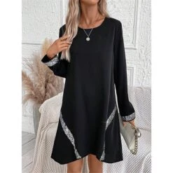 Women's Party Dress Sequin Dress Cocktail Dress Mini Dress Black Long Sleeve Pure Color Patchwork Spring Fall Winter Crew Neck Fashion Wedding Guest Vacation 2023 S M L XL XXL 3XL