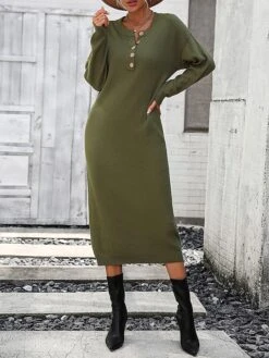 Women's Sweater Dress Winter Dress Jumper Dress Midi Dress Button Daily Date Going Out Fashion Basic Crew Neck Long Sleeve 2023 Loose Fit Black White Purple Color S M L XL Size -Tesla Style oztazr1691991569617