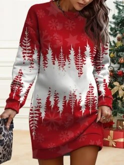 Women's Christmas Casual Dress Sweatshirt Dress Mini Dress Warm Fashion OutdoorVacation Crew Neck PrintTree Deer Loose Fit White Wine Navy Blue S M L XL XXL