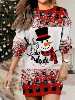 Women's Christmas Casual Dress Sweatshirt Dress Mini Dress Warm Fashion OutdoorVacation Crew Neck Print Geometric Snowman Snowflake Loose Fit White Wine Rusty Red S M L XL XXL -Tesla Style ozyoum1695640758015