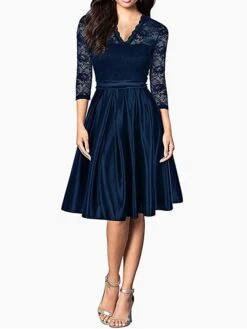 Women's Party Dress Lace Dress Cocktail Dress Midi Dress Black White Wine 3/4 Length Sleeve Pure Color Lace Summer Spring Fall V Neck Party Wedding Guest Fall Dress Spring Dress 2023 S M L XL 2XL -Tesla Style ozyrrl1676614004645