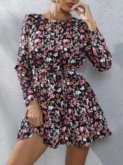 Women's Work Dress Sheath Dress Semi Formal Dress Fashion Mini Dress Lace Up Print Crew Neck Long Sleeve Floral Loose Fit Black Fuchsia Brown Fall S M L XL XXL -Tesla Style pakdfx1693300579822