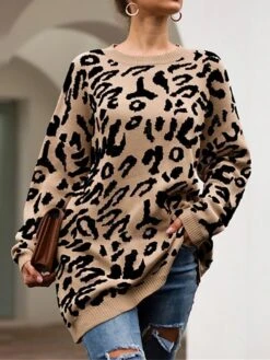 Women's Sweater Dress Winter Dress Jumper Dress Mini Dress Fashion Leopard Outdoor Street Daily Vacation Crew Neck Long Sleeve Print 2023 Loose Fit Khaki Army Green Apricot S M L XL -Tesla Style paoqco1696434056519