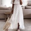 Women's Long Dress Maxi Dress Party Dress Casual Dress Lace Dress Plain Modern Casual Outdoor Daily Holiday Lace Ruched Short Sleeve Off Shoulder Dress Loose Fit White Summer Spring S M L XL XXL -Tesla Style pbdlhx1676863485620