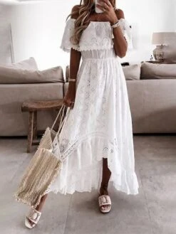 Women's Long Dress Maxi Dress Party Dress Casual Dress Lace Dress Plain Modern Casual Outdoor Daily Holiday Lace Ruched Short Sleeve Off Shoulder Dress Loose Fit White Summer Spring S M L XL XXL