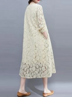 Women's Work Dress Lace Dress Black Dress Fashion Midi Dress Lace Pocket Crew Neck Long Sleeve Plain Loose Fit Black White Pink Fall M L XL XXL 3XL -Tesla Style pbirtc1693281263884