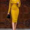 Women's Party Dress Sheath Dress Midi Dress Yellow Long Sleeve Pure Color Ruched Winter Fall Autumn V Neck Casual Party Winter Dress Fall Dress 2022 S M L XL XXL -Tesla Style pblmgr1630920060169