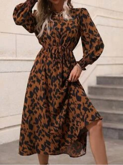 Women's Work Dress Casual Dress Swing Dress Fashion Daily Workfashion Midi Dress Print Crew Neck Long Sleeve Leopard Loose Fit Red Orange Fall Winter S M L XL -Tesla Style pbubzj1695030988590