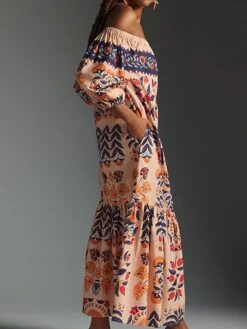 Women's Work Dress Casual Dress Swing Dress Fashion Winter Dress Daily Long Dress Maxi Dress Ruched Print Off Shoulder Long Sleeve Floral Loose Fit Pink Fall Winter S M L XL XXL -Tesla Style pbvweh1695645281562