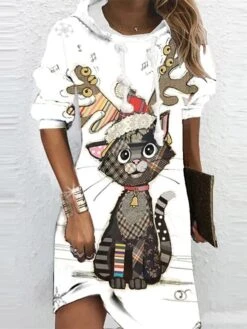 Women's Christmas Hoodie Dress Shift Dress Mini Dress Blue Wine White Long Sleeve Cat Snowman Snowflake Print Winter Fall Hooded Vacation Casual 2022 S M L XL XXL 3XL -Tesla Style pcbcwc1667212158262