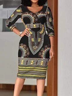 Women's Work Dress Sheath Dress Semi Formal Dress Fashion Midi Dress Print V Neck 3/4 Length Sleeve Floral Regular Fit Black Yellow Red Summer Spring S M L XL XXL -Tesla Style pctzrf1673598596627