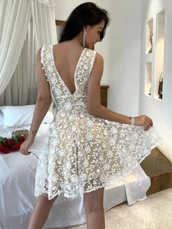 Women's Party Dress Lace Dress Homecoming Dress Midi Dress White Sleeveless Pure Color Lace Summer Spring V Neck Hot Spring Dress 2022 S M L XL -Tesla Style pczlkz1610111724800