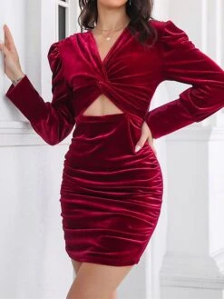 Women's Party Dress Velvet Dress Homecoming Dress Mini Dress Black Wine Purple Long Sleeve Pure Color Ruched Fall Winter Autumn V Neck Fashion Winter Dress Wedding Guest Birthday Slim 2023 S M L XL -Tesla Style pdagvg1693207193604